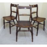 A pair of late 19thC country made, fruitwood, elm and beech framed Windsor chairs with triple,