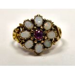 A 15ct gold amethyst and opal set cluster ring,
