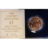 An Elizabeth 1988 Limited Edition 03012/10000 Brilliant Uncirculated gold proof five pounds cased