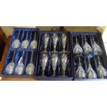 Two identical boxed sets of six Royal Doulton Dorchester pattern cut crystal wine glasses;