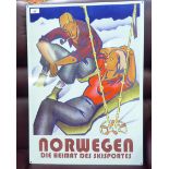 A modern 'vintage' replica of a printed metal 1970s Norwegian Ski poster 18'' x 24'' CA