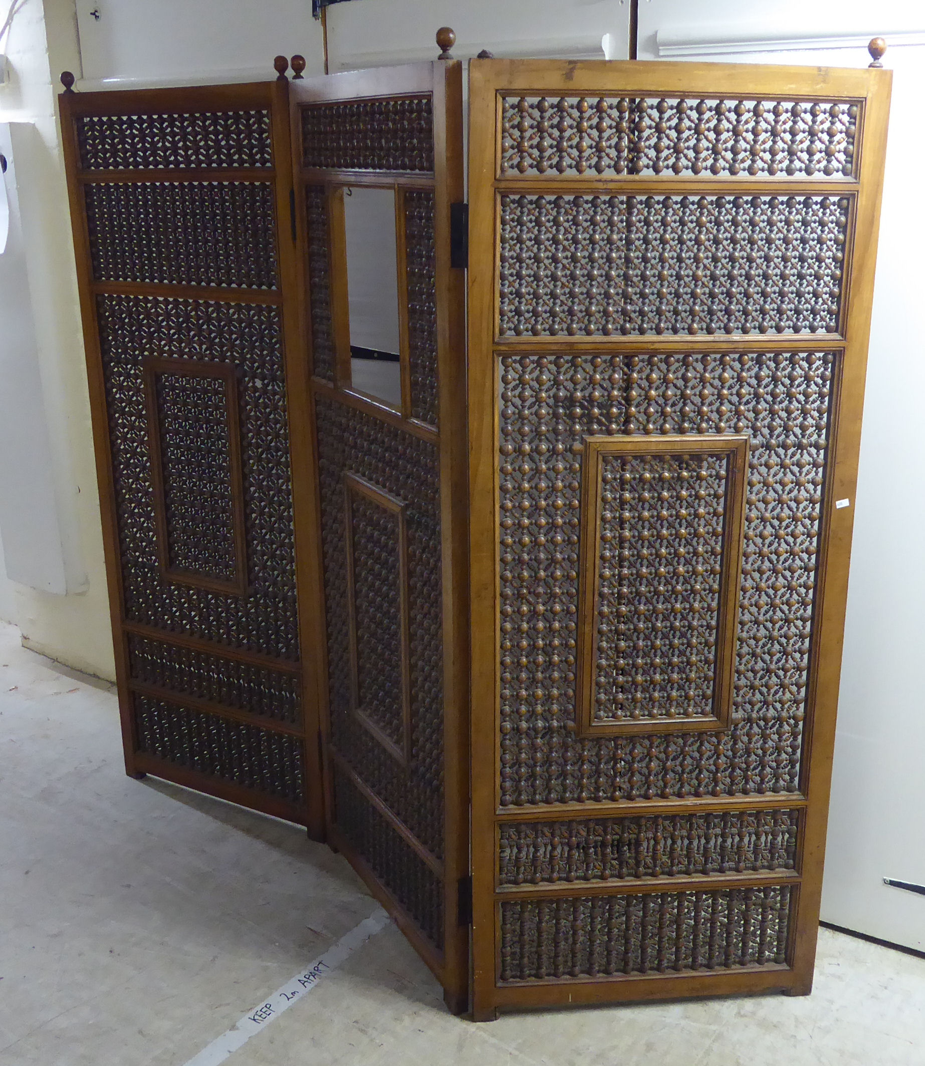 An early 20thC Asian hardwood framed three fold room screen, - Image 2 of 4