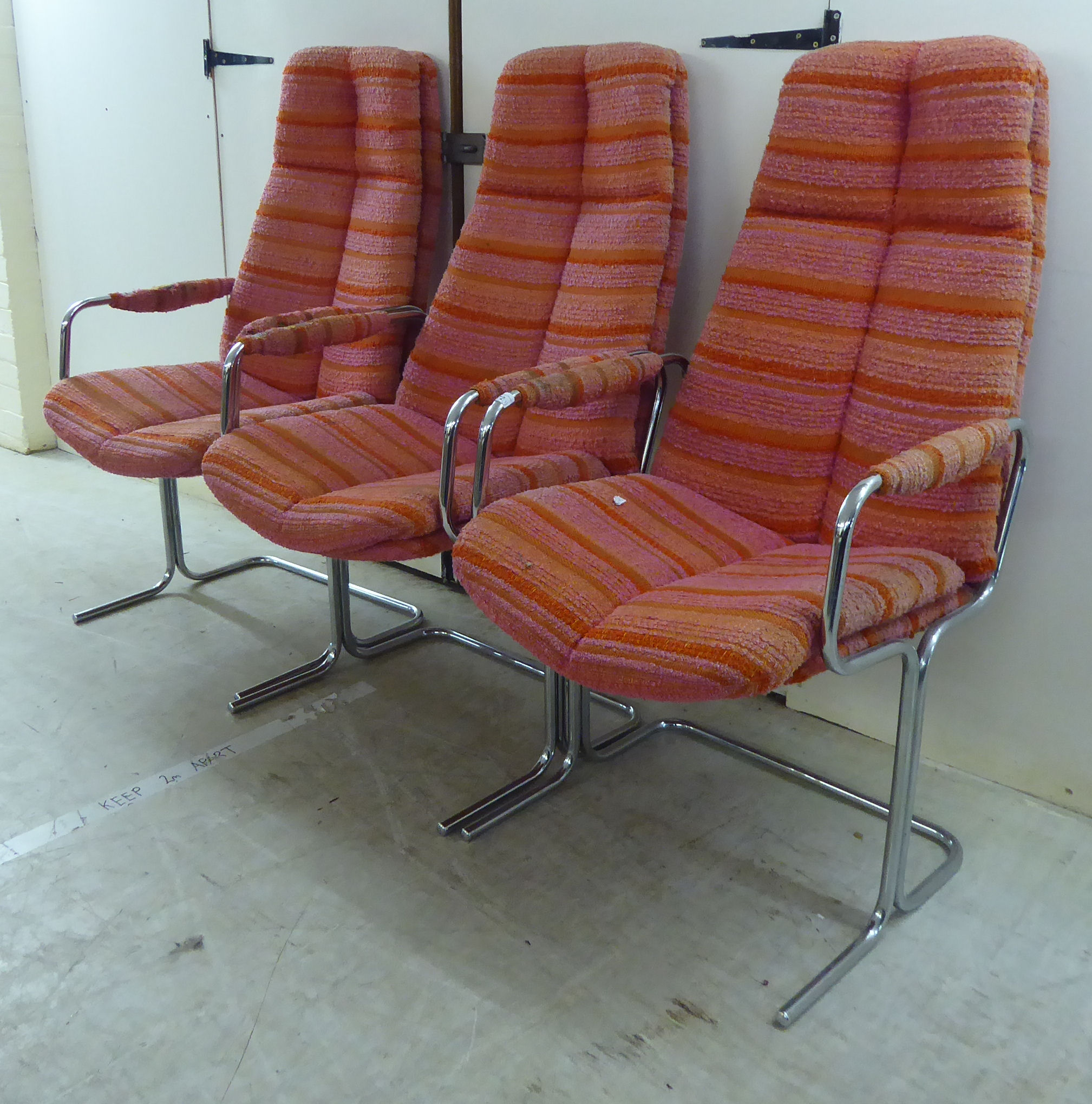 A set of three 1960s Pieff Furniture chromium plated steel dining chairs with orange and pink - Image 2 of 3