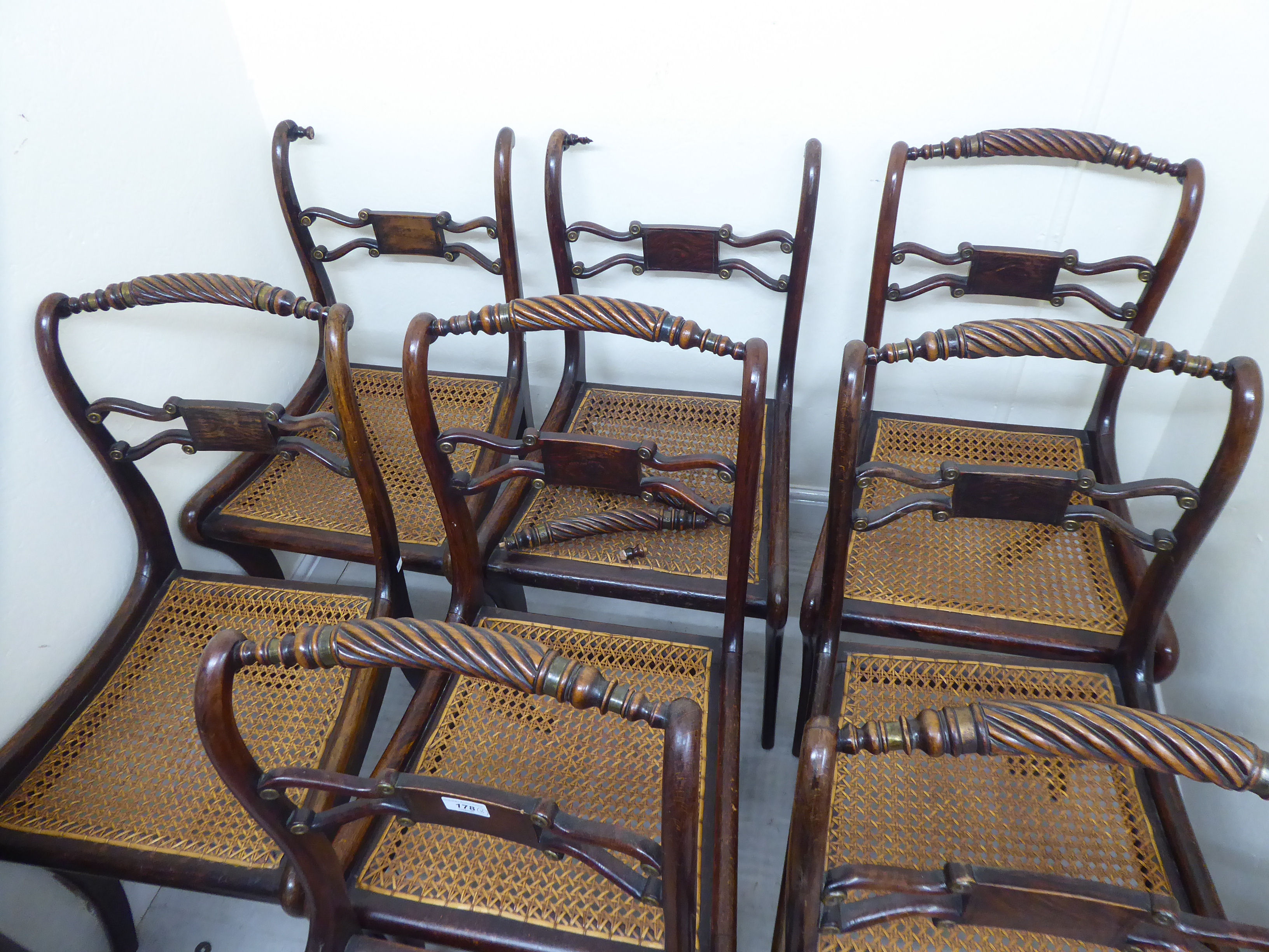A set of eight Regency faux rosewood stained beech framed scroll back dining chairs, - Image 2 of 3