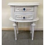 A modern French inspired cream painted two drawer bedside chest, raised on tapered,