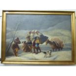 19thC North European School - travellers in a winter landscape oil on canvas 27'' x 39'' framed
