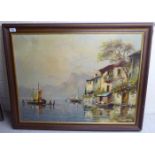 20thC Italian School - small craft moored by an Alpine lake with cottages beyond oil on canvas