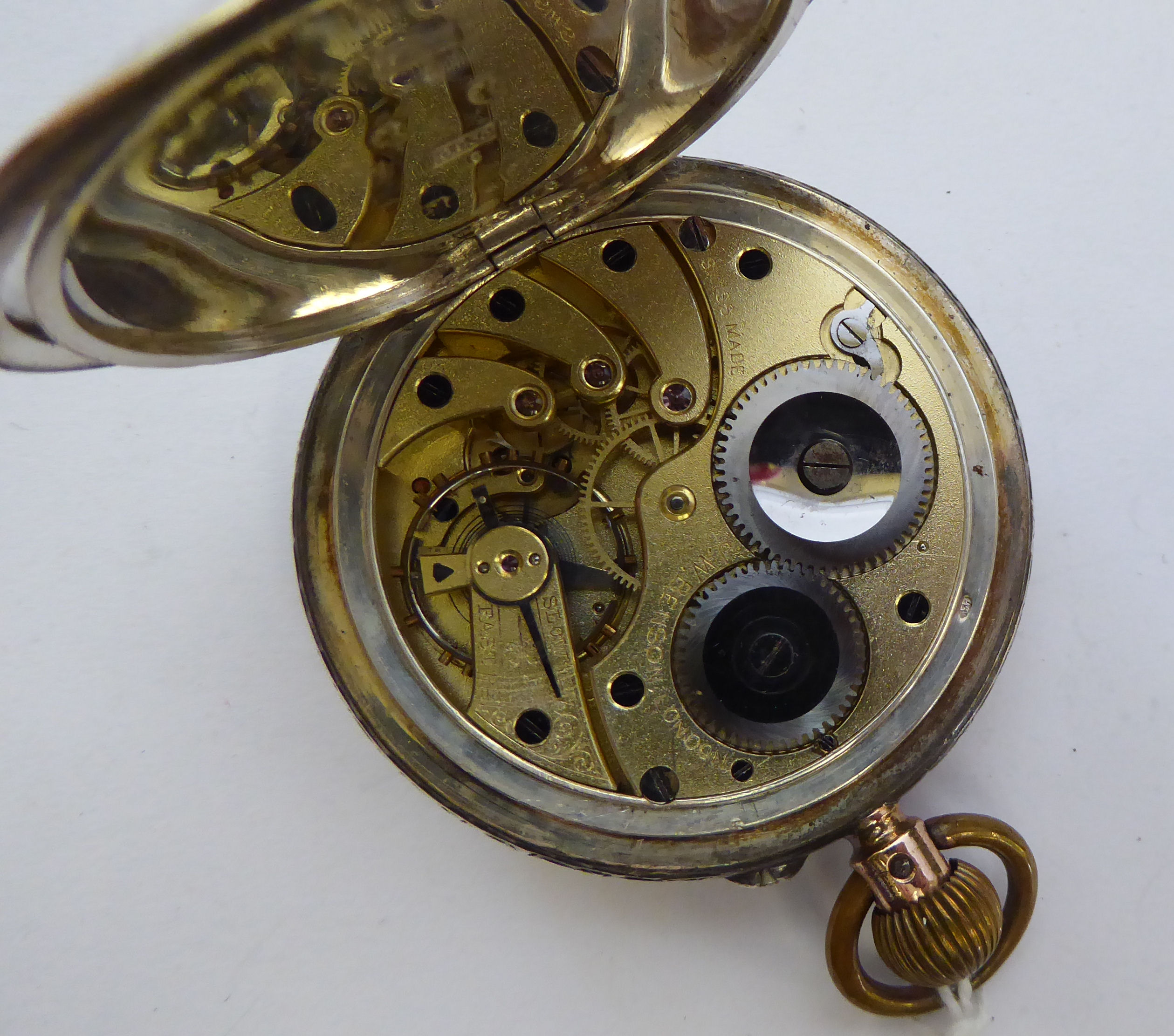 A silver coloured metal cased, open faced, pocket watch, - Image 3 of 3