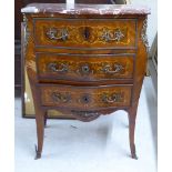 A late 19thC Louis XV design kingwood and marquetry bombe front commode with a mottled marble top,