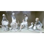 Four Lladro porcelain figures: to include a young woman feeding two swans 6''h OS4