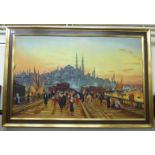 Salim - 'Master Stroke' a central European scene with crowds on a bridge,