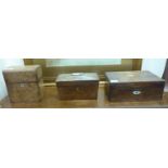 Three 19thC walnut finished and other boxes: to include one containing two cut glass bottles with