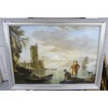 19thC British School - a shoreline scene with figures in and beside small vessels oil on canvas