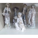 Five Lladro porcelain figures: to include a travelling man in period costume 10''h OS1