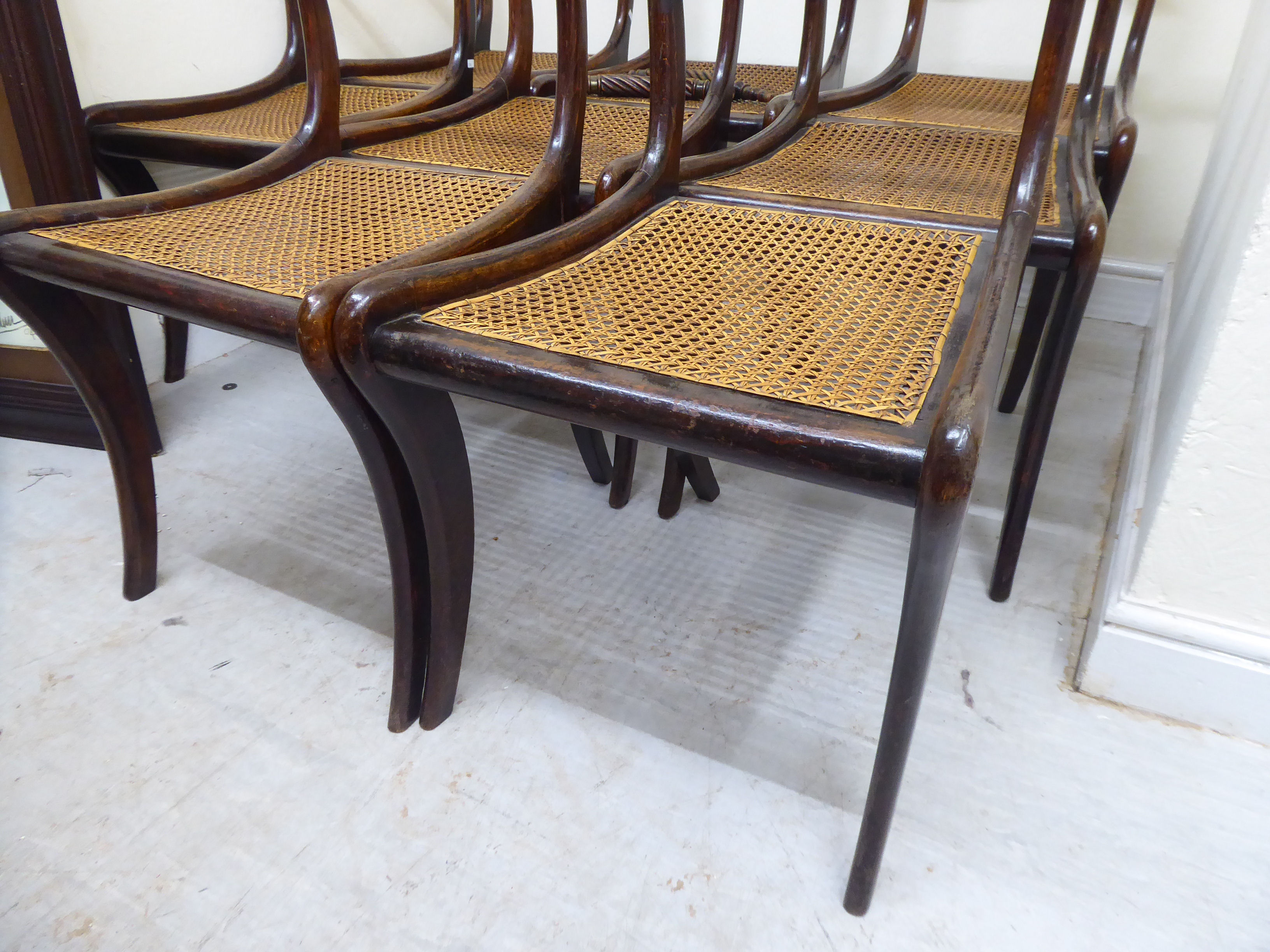 A set of eight Regency faux rosewood stained beech framed scroll back dining chairs, - Image 3 of 3
