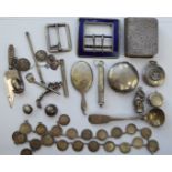Silver and white metal objects: to include a miniature hand mirror; a rouge pot;