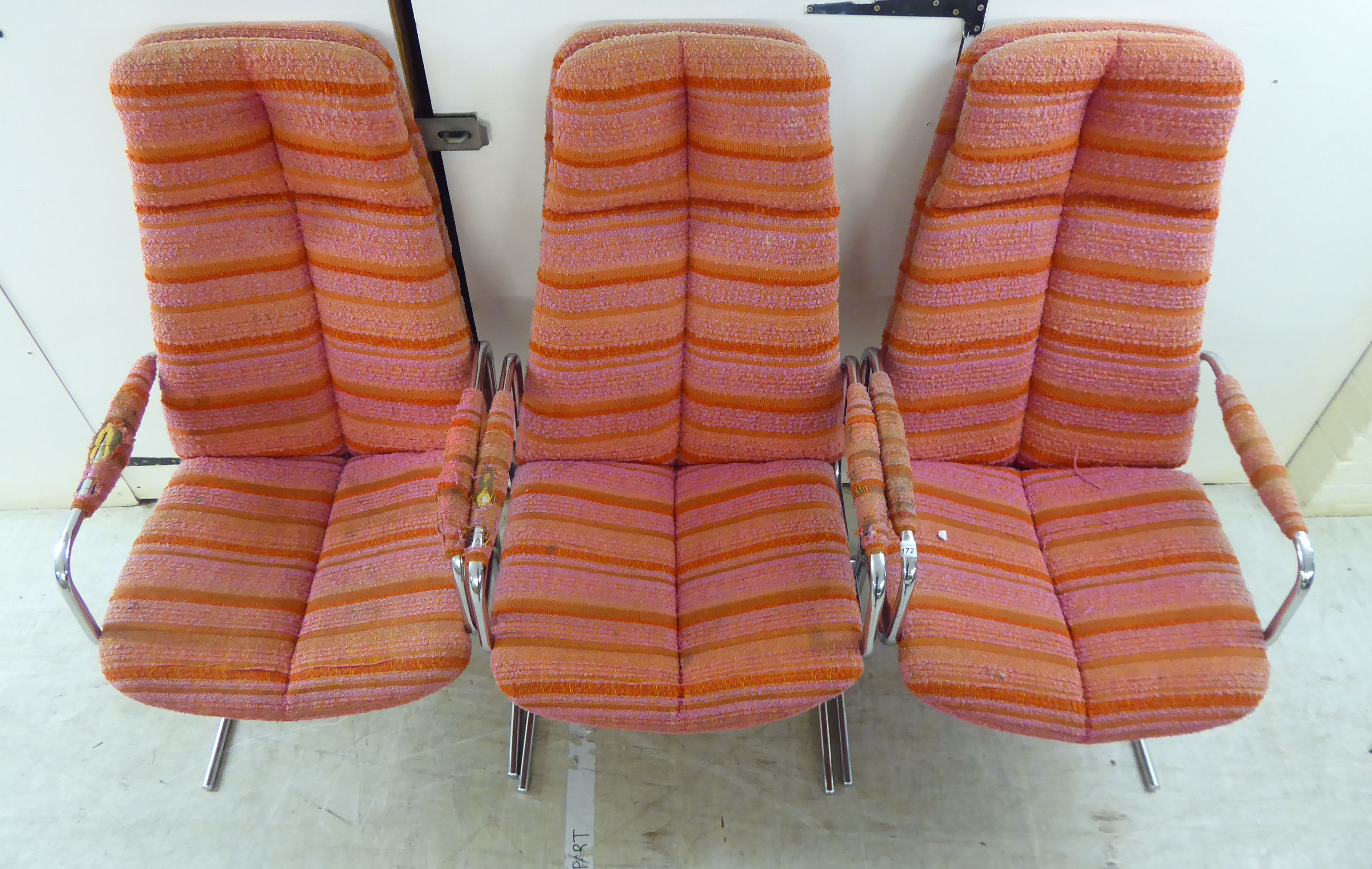 A set of three 1960s Pieff Furniture chromium plated steel dining chairs with orange and pink - Image 3 of 3