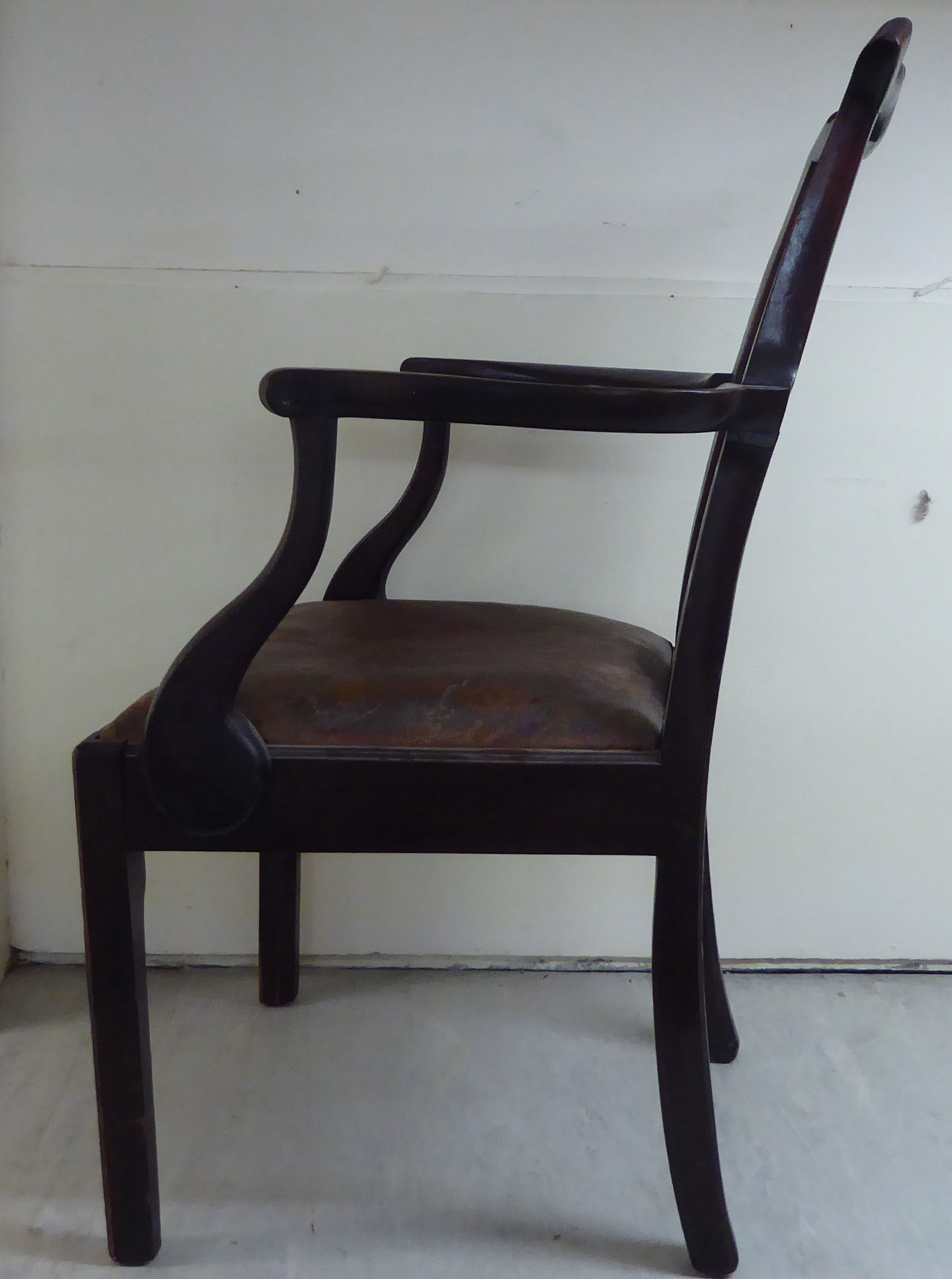 An early 19thC Chippendale inspired mahogany framed elbow chair with a yoke crest, pierced splat, - Image 2 of 4