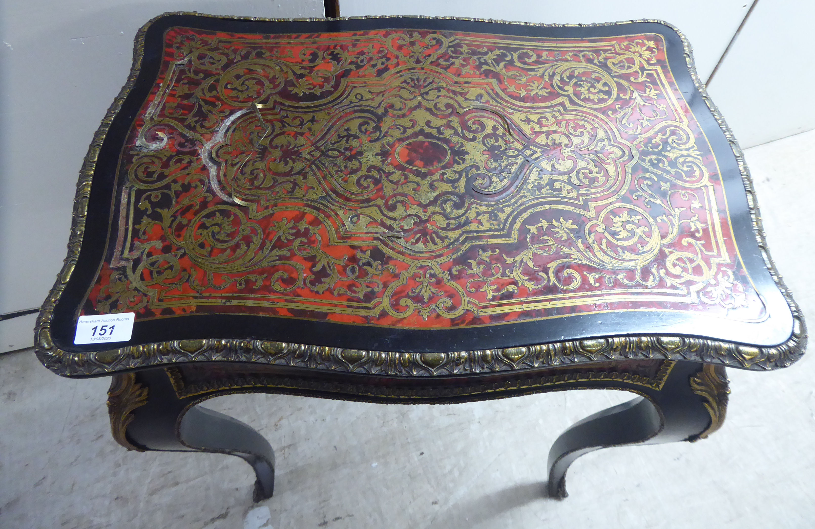 A late 19thC Louis XV design boulle side table, the serpentine outlined top with gilt metal border, - Image 3 of 4