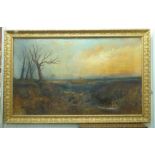 19thC British School - 'Logging at Sunset' in a barren landscape oil on canvas 29'' x 50''