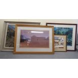 Four framed pictures and prints: to include a coastal scene oil on canvas 15'' x 22'' RSB