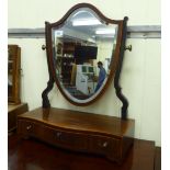 A mid 19thC mahogany framed toilet mirror with satinwood string inlaid and crossbanded ornament,