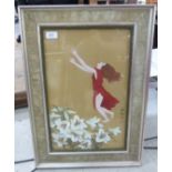 A 20thC Chinese painting on silk, featuring a girl wearing a flowing dress, reaching for lilies 18.