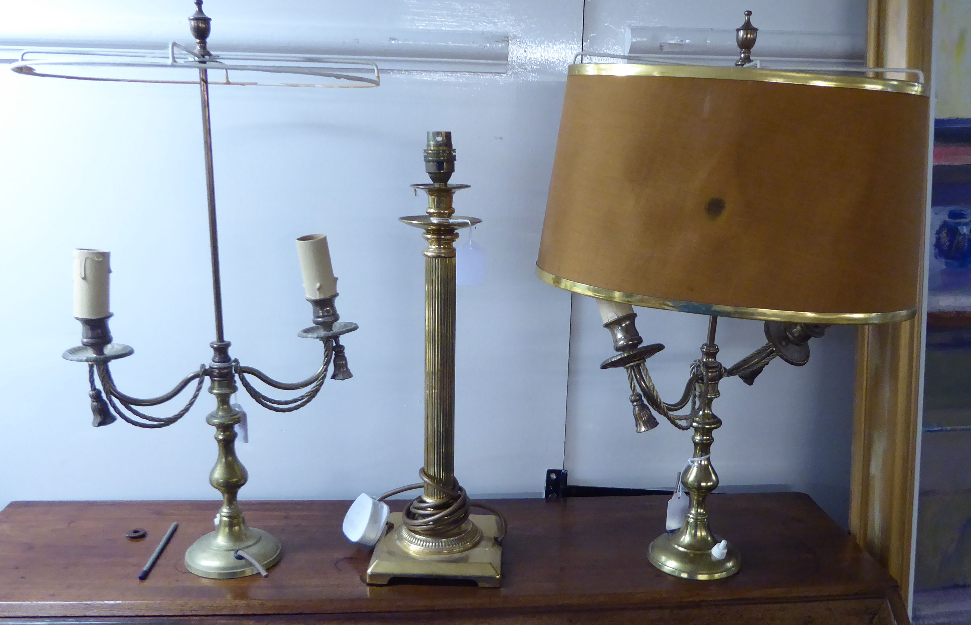 Table lamps: to include a pair of lacquered brass examples with twin swag branches 20''h BSR