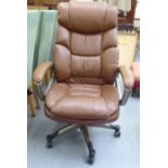 A modern old gold coloured alloy framed adjustable office chair with open arms,