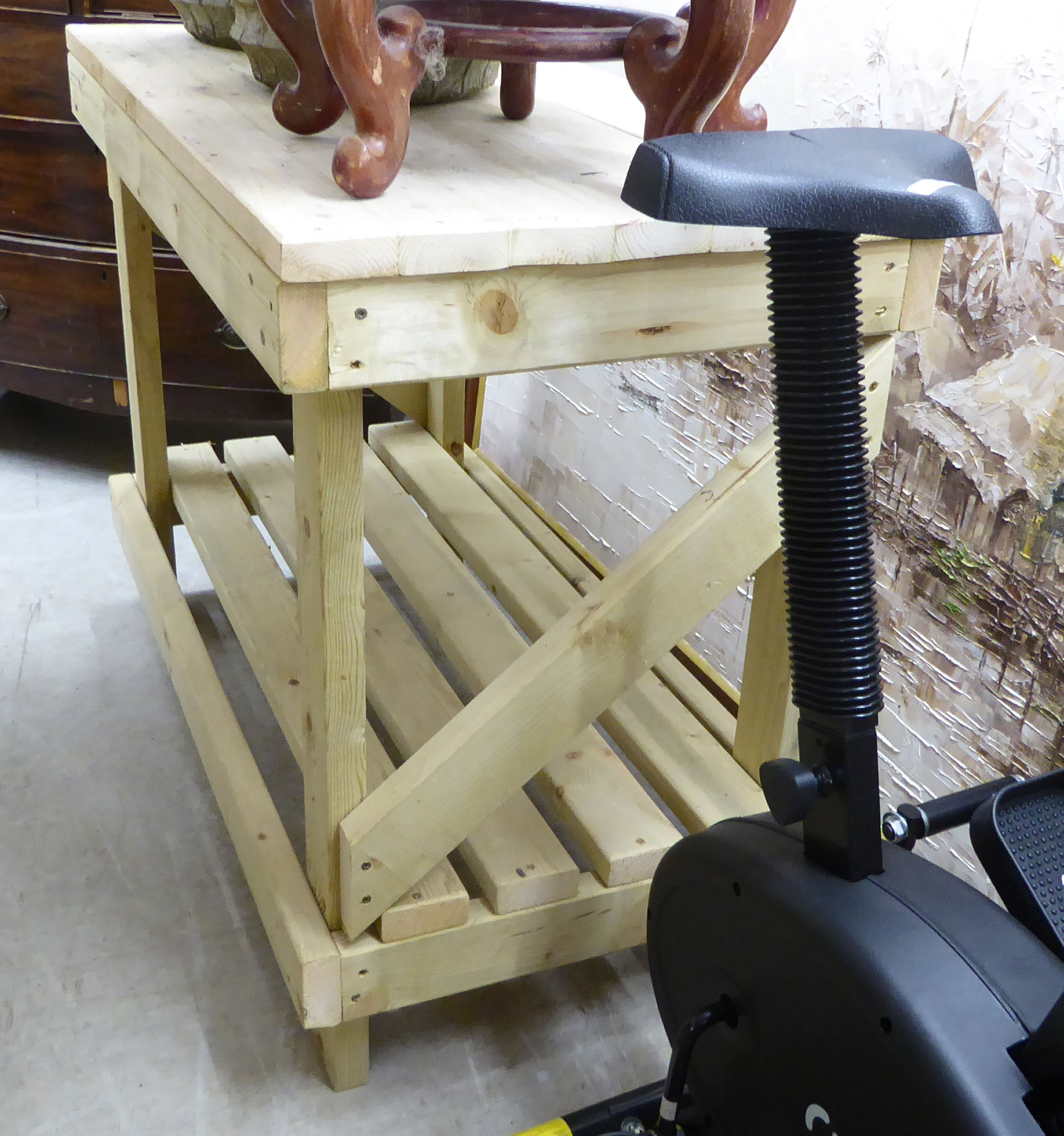 A modern pine two tier workbench of planked and slatted construction, - Image 6 of 6