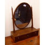 A mid 19thC mahogany framed toilet mirror with satinwood string inlaid borders,
