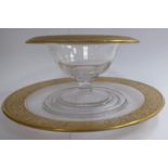 A 1930s Moser clear glass pedestal bowl, having a uniformly applied gilt border with a wide,