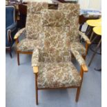 Three Parker Knoll teak showwood framed, fabric upholstered open armchairs,