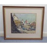 HS Merritt - a Cornwall boathouse quay scene with figures in the foreground watercolour bears a