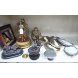 A mixed lot: to include three Wedgwood Blue Jasper stoneware plaques, depicting classical maidens,