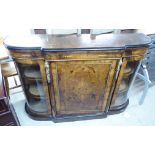 A late Victorian inlaid walnut marquetry and ormolu mounted breakfront credenza with a central