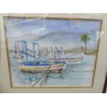 Gillian Burrows - a tropical shoreline scene with moored boats watercolour bears a pencil