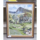 GM Barnett - a mountainous hillside view of sheep beside a stream oil on board bears a signature