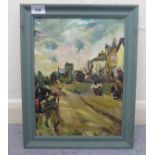 In the manner of Paul Maze - a horsedrawn carriage, on a road through a village oil on board 13.