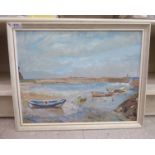 GM Barnett - a shoreline scene at low tide with moored boats oil on board bears a signature 12''