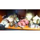 A mixed lot: to include wooden bookends and ornaments; soft toys;