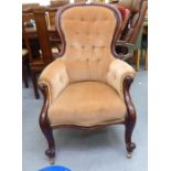 A mid Victorian mahogany showwood framed, balloon back grandfather chair with enclosed arms,