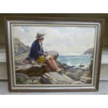 William Kay Blacklock - a study of his daughter Rene Blacklock, seated on rocks, knitting,