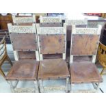 A set of six Spanish style wash painted pine, hide panelled back dining chairs,