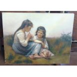 A study of two young girls seated in a field oil on canvas bears an indistinct signature 15'' x