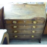 A George III mahogany bureau, the fall front with mitred corners, enclosing a fitted interior,