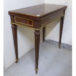 A late 19thC Continental mahogany card table with a foldover top, raised on square,