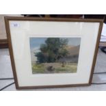 JM Evers - a landscape with a tree over a stream and barn beyond watercolour bears a signature 9.