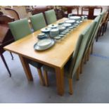 A modern light oak dining table, raised on square legs 30''h 72''L; and a set of six matched,