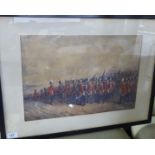 An early 20thC British School - a military march across barren land watercolour bears an